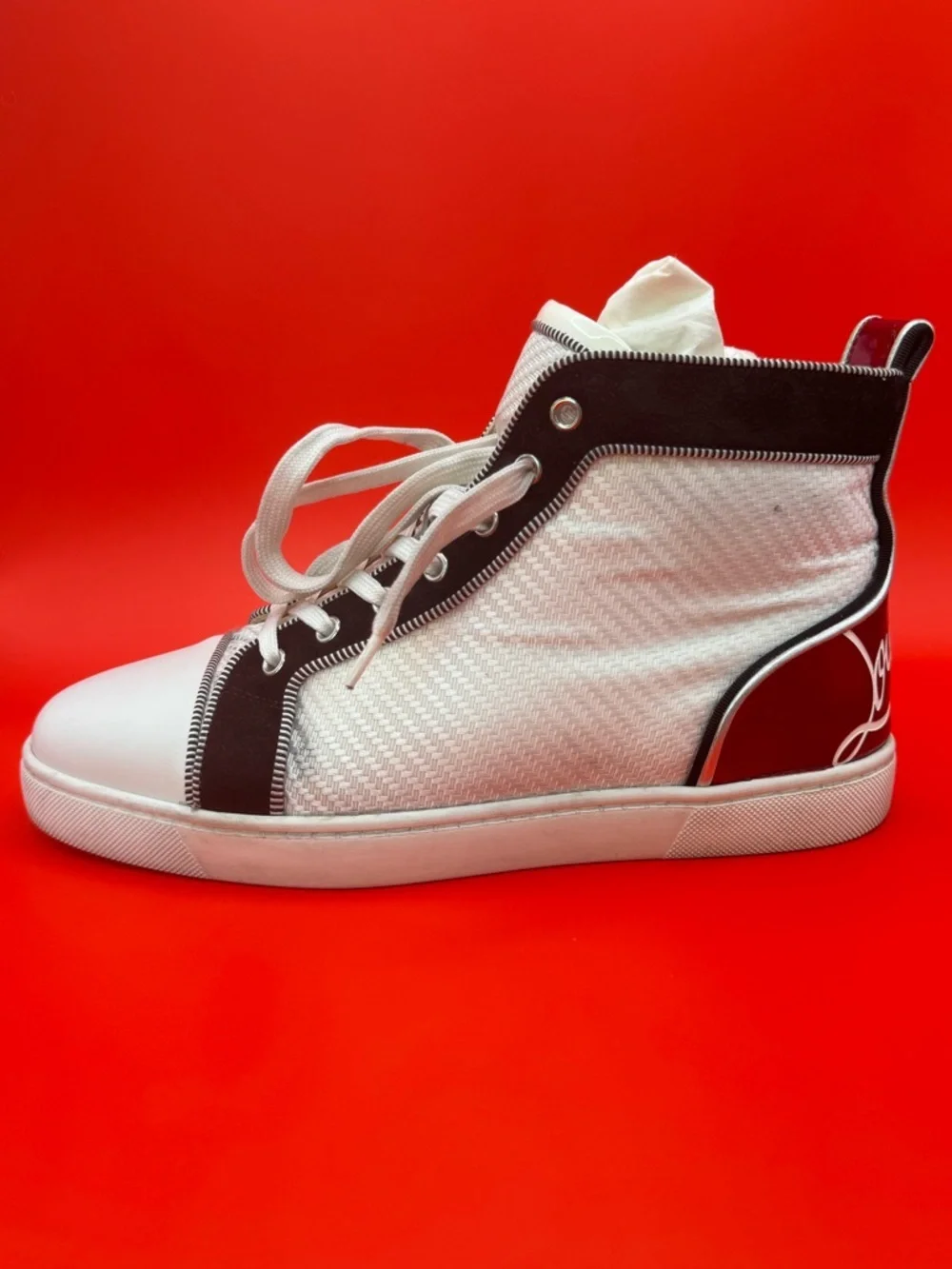 Christian Louboutin Fun Louis Flat High Top Sneaker White Woven Jacquard W Box